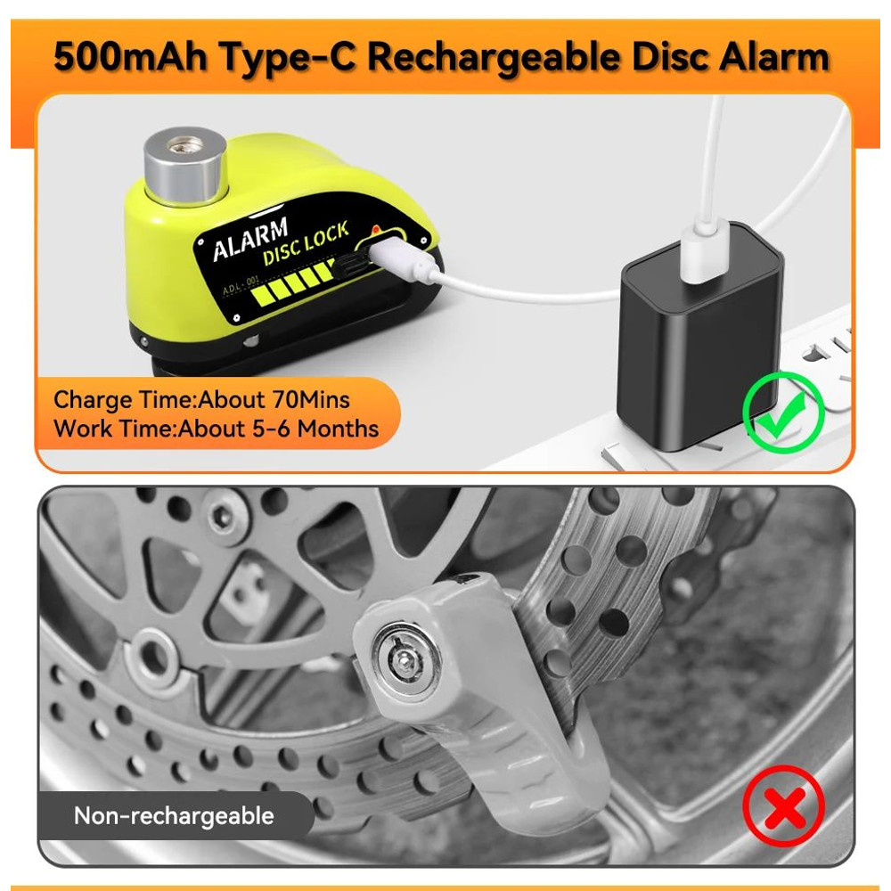 Motorcycle Alarm Disc Brake Lock Rechargeable AntiTheft Wheel Padlock For Bikes Scooters EBikes Wit 1