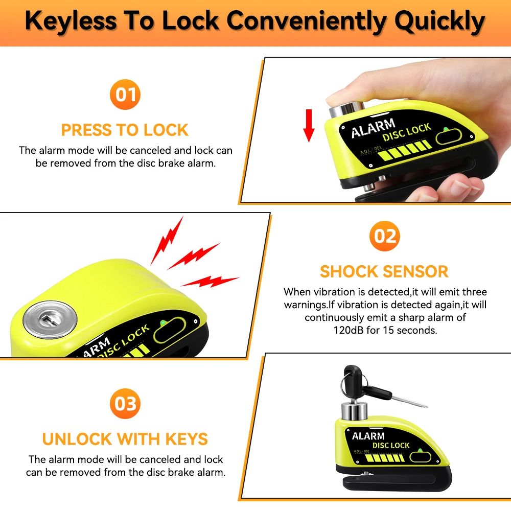 Motorcycle Alarm Disc Brake Lock Rechargeable AntiTheft Wheel Padlock For Bikes Scooters EBikes Wit 4