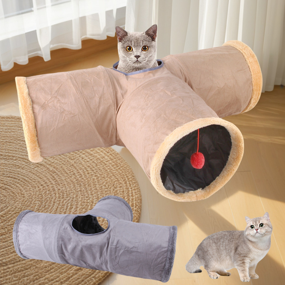 Collapsible Cat Winter Suede Tunnel Interactive 2 Way  3 Way Play Chase Hide Tunnel For Puppy Rabbi 5