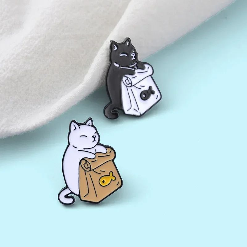 2PCs Cute Black White Cat Brooch Set  Cartoon Animal Lapel Pins For Clothes Backpacks  Gifts 0