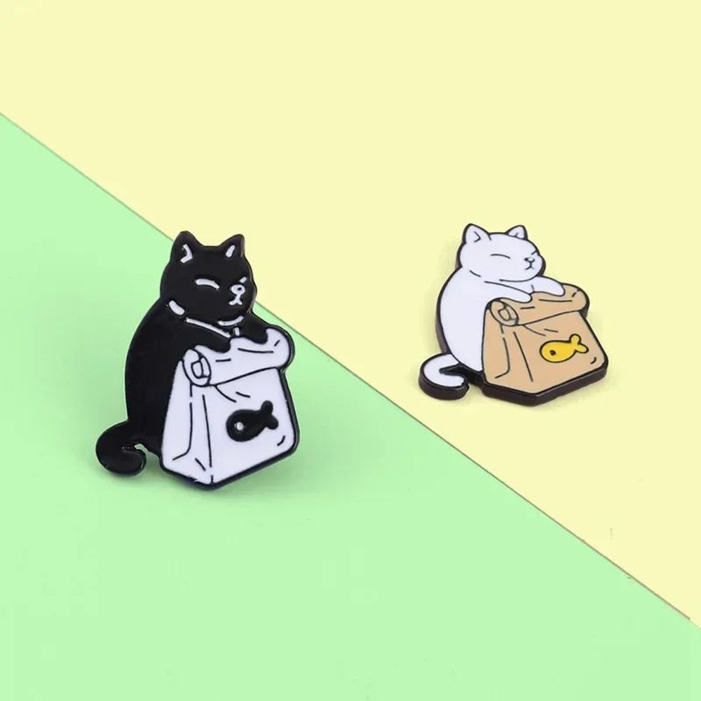 2PCs Cute Black White Cat Brooch Set  Cartoon Animal Lapel Pins For Clothes Backpacks  Gifts 3