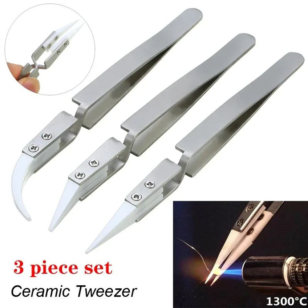 3 Pcs Ceramic Straight Tip Electronic Soldering Tweezers AntiStatic AcidResistant Precision Tools F 0