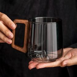 guanshan glass single-layer cup with wooden handle large-capacity drinking cup for milk tea, juice household use