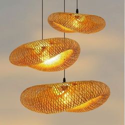 bamboo hand weaving pendant light, led ceiling lamp rattan chandelier for home & bedroom decor
