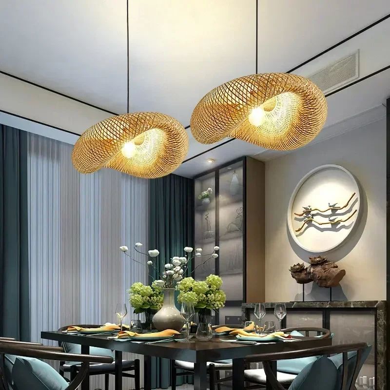 Bamboo Hand Weaving Pendant Light LED Ceiling Lamp Rattan Chandelier For Home Bedroom Decor 2