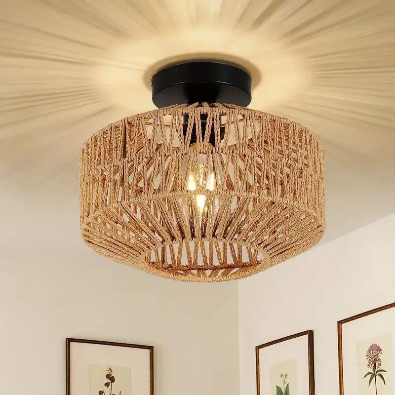 Ceiling Lights Rattan Chandelier Light Fixture Hand Woven Flush Mount Boho Pendant For Bedroom Kitc 0