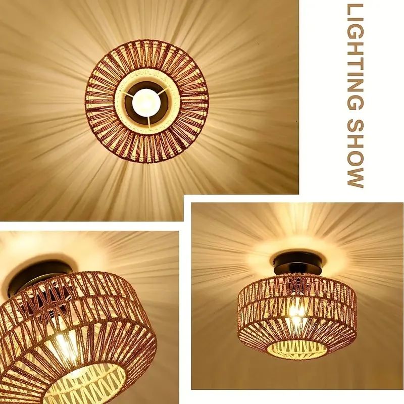 Ceiling Lights Rattan Chandelier Light Fixture Hand Woven Flush Mount Boho Pendant For Bedroom Kitc 3