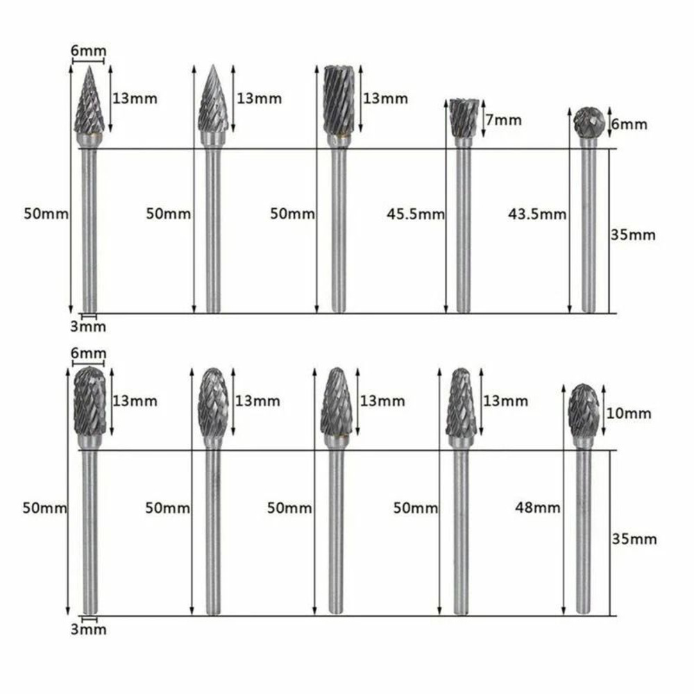 Tungsten Carbide Rotary Burr Set 10pc 18 Shank Drill Bits For Engraving Grinding Shaping 7