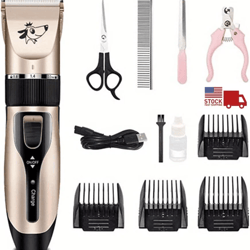 dog cat pet grooming kit, rechargeable cordless electric hair clipper trimmer set with dual blades, lcd