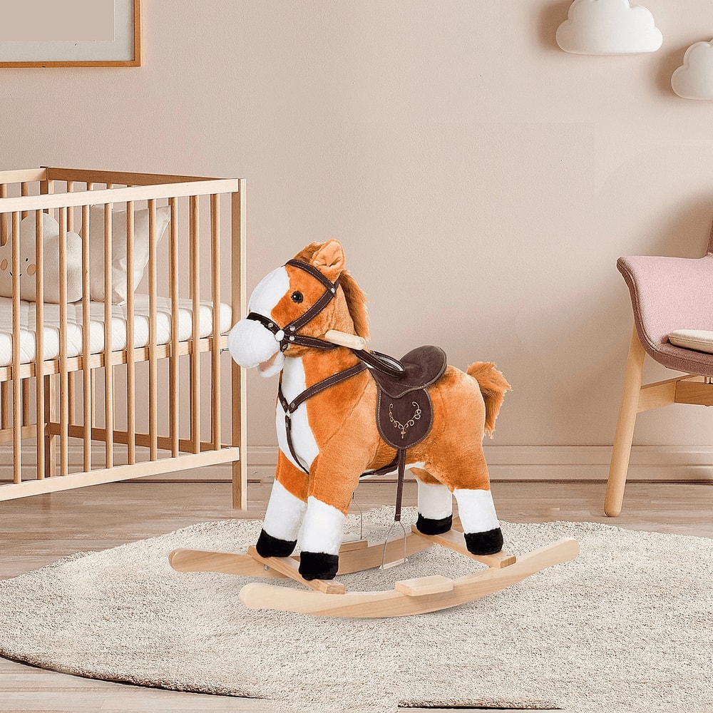 Kids Rocking Horse Plush Ride On Toy With Sound Moving Tail Classic Child Rocker 0