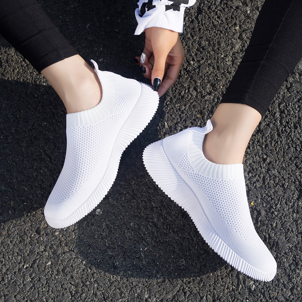 Breathable Spring Women Flat Shoes, Knitted Sock Sneakers, Lightweight Slip-On Casual Walking Sneakers for Women
