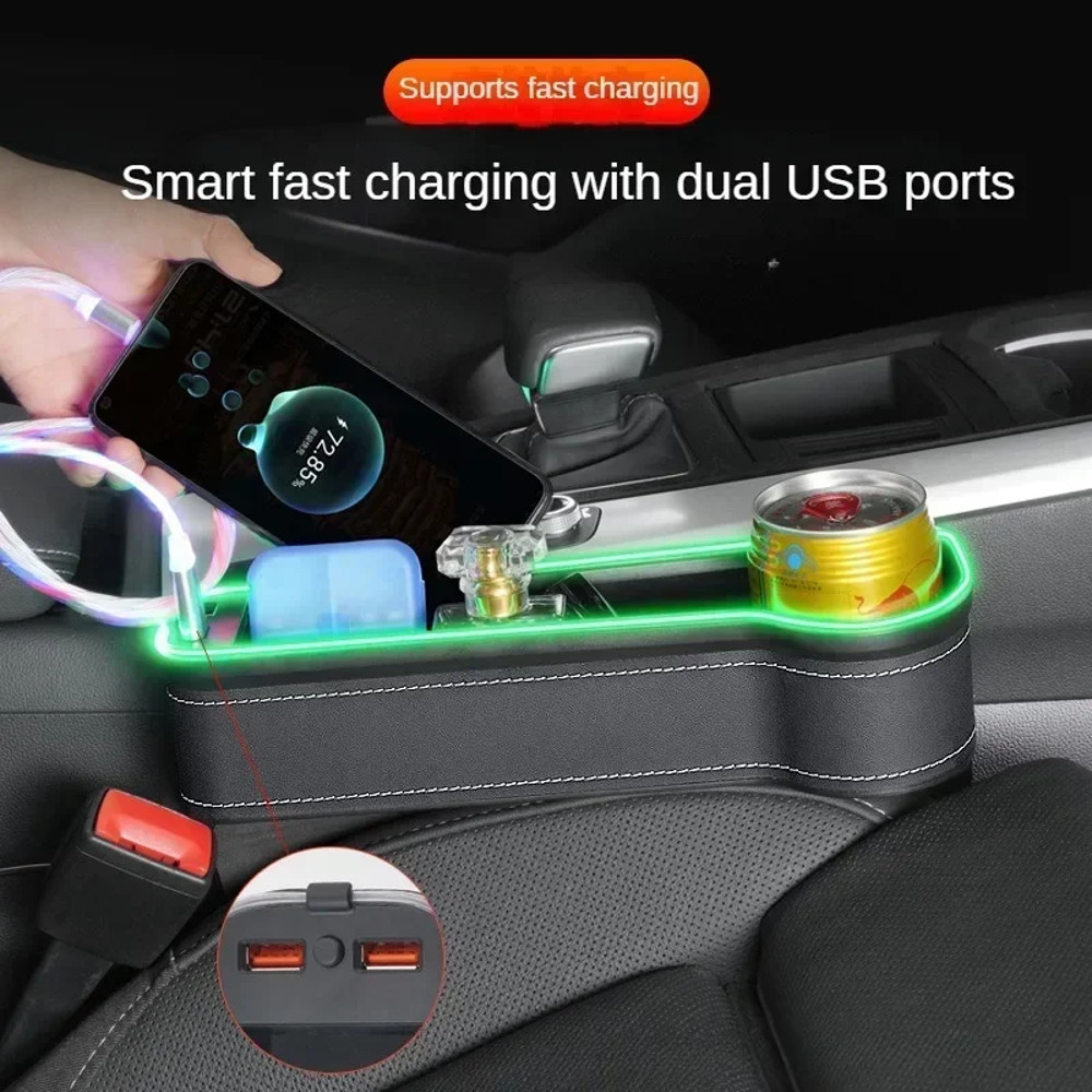 LED Car Seat Gap Storage Box with 2 USB Chargers, Multi-Function Seat Organizer Pocket for Phone, Bottle, Cards & Cup