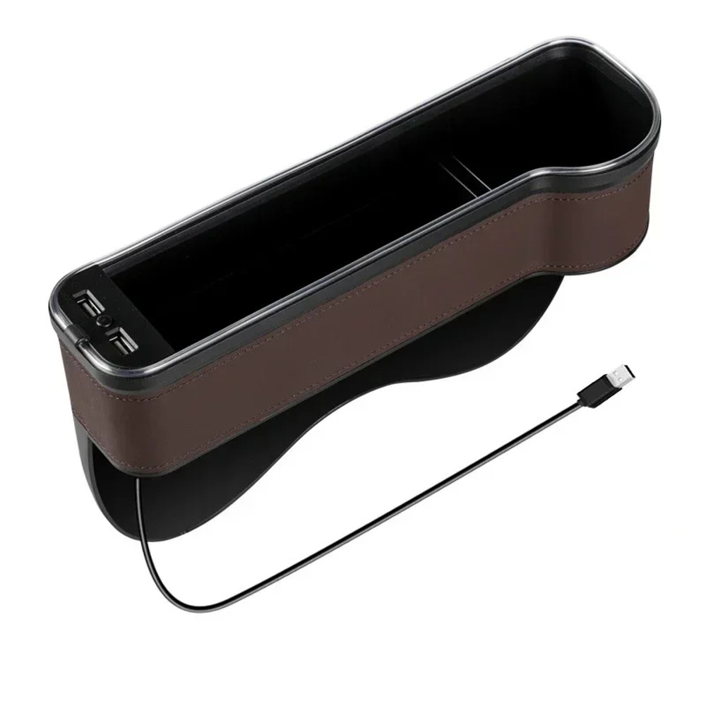LED Car Seat Gap Storage Box with 2 USB Chargers, Multi-Function Seat Organizer Pocket for Phone, Bottle, Cards & Cup