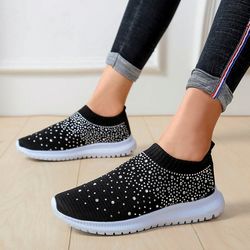 women fashion crystal sneakers mesh slip on flat shoes breathable outdoor walking loafers comfortable casual flats