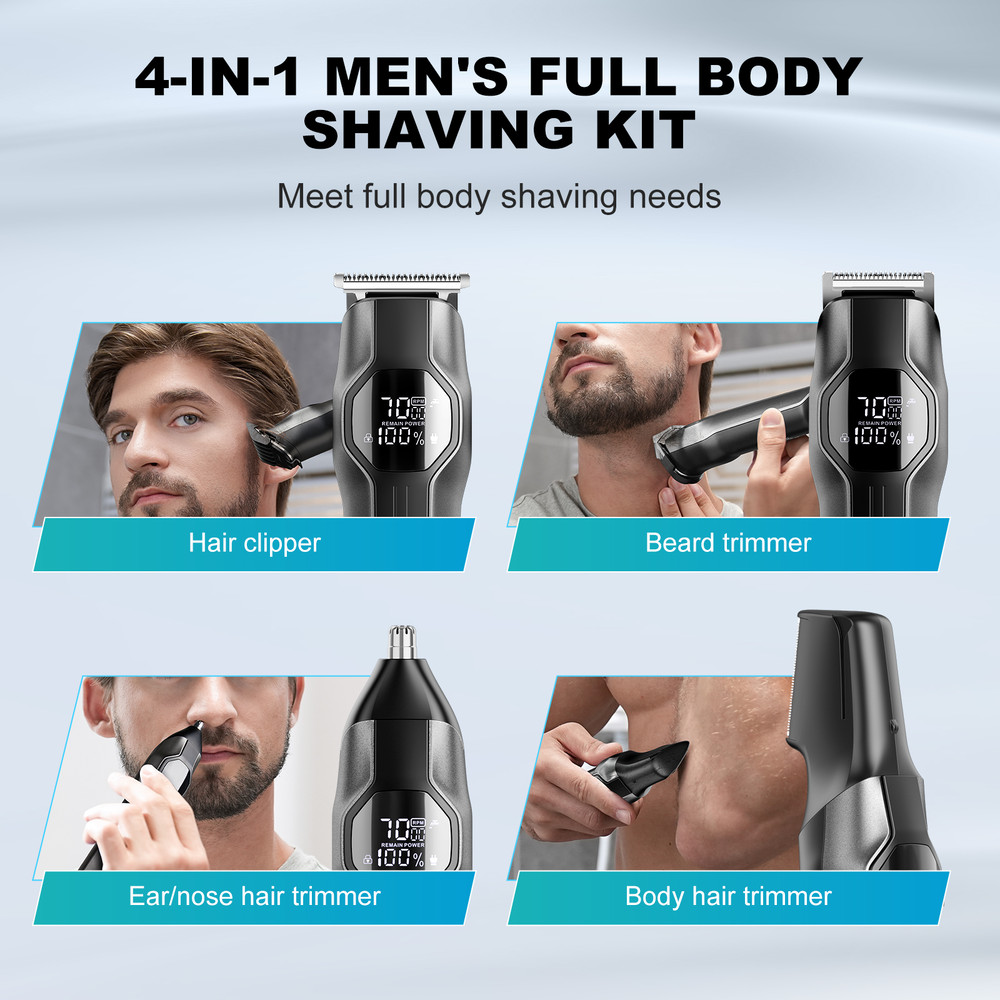 Rechargeable Cordless Hair Clipper Beard Nose Trimmer Set Waterproof Hair Cutting Machine with LED Display for Men Groom