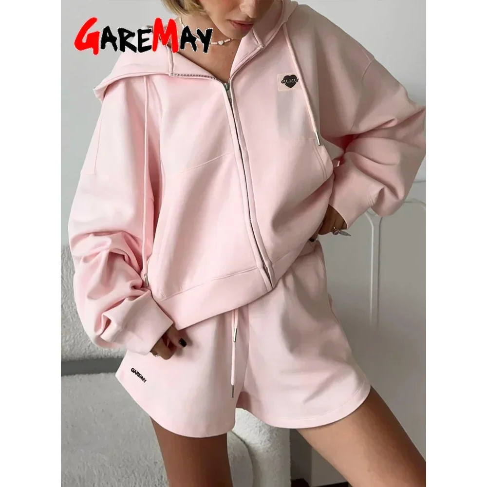 Two-Piece Casual Tracksuit for Women, Oversize Cotton Pink Top and Shorts Set, Spring Women's Summer Suit with Shorts
