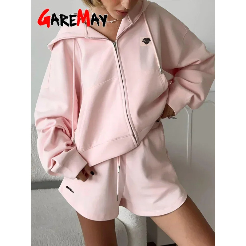 Two-Piece Casual Tracksuit for Women, Oversize Cotton Pink Top and Shorts Set, Spring Women's Summer Suit with Shorts