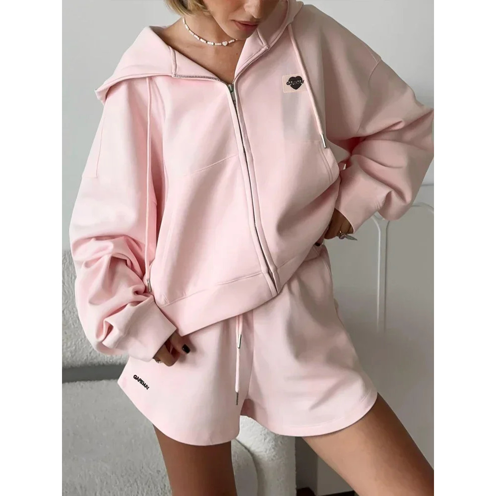 Two-Piece Casual Tracksuit for Women, Oversize Cotton Pink Top and Shorts Set, Spring Women's Summer Suit with Shorts