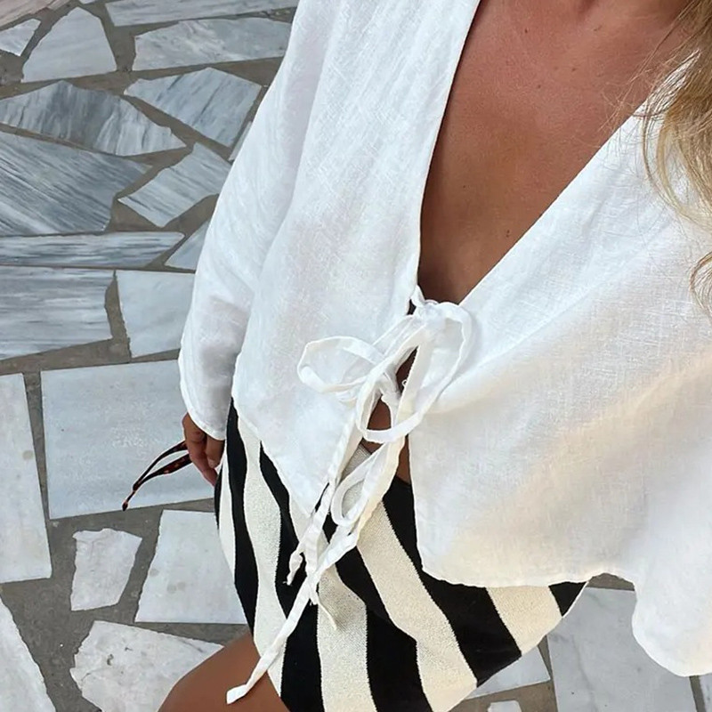 Loose Laceup Bow Shirt, Elegent v Neck Long Flare Sleeve Top for Women, Simple Spring Summer Style