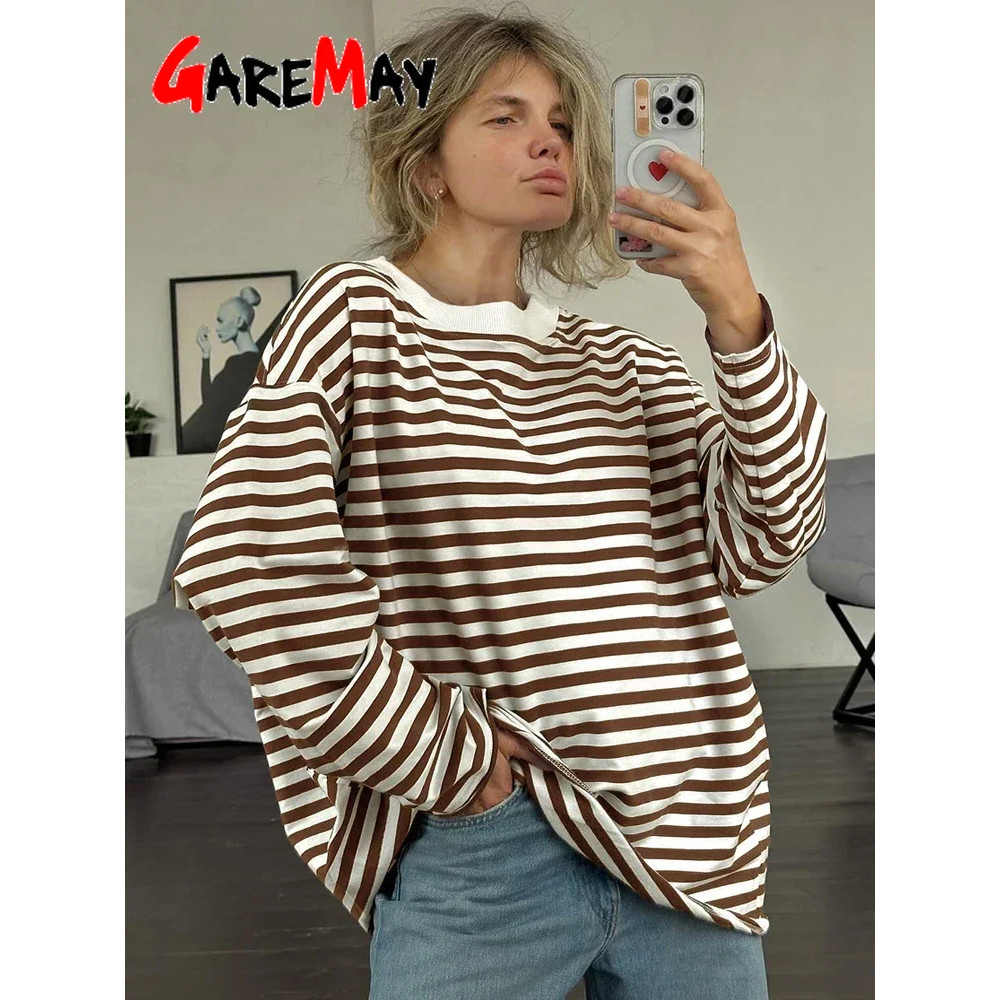 Black and White Striped Long Sleeve T-Shirt for Women, Oversized Cotton Casual Basic Top, Vintage Style Loose Fit Tee