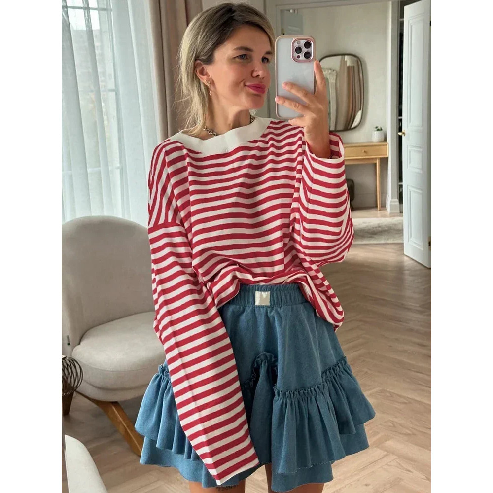 Black and White Striped Long Sleeve T-Shirt for Women, Oversized Cotton Casual Basic Top, Vintage Style Loose Fit Tee