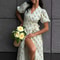 Elegant Beige A-line Midi Dress for Women, Cotton Summer Light Muslin Long Dress with Side Slits and Floral Design