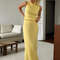 Spring Summer Elegant Yellow Knitted Suit for Women, Long Fashion Two-Piece Set with Skirt and Matching Top