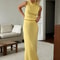 Spring Summer Elegant Yellow Knitted Suit for Women, Long Fashion Two-Piece Set with Skirt and Matching Top