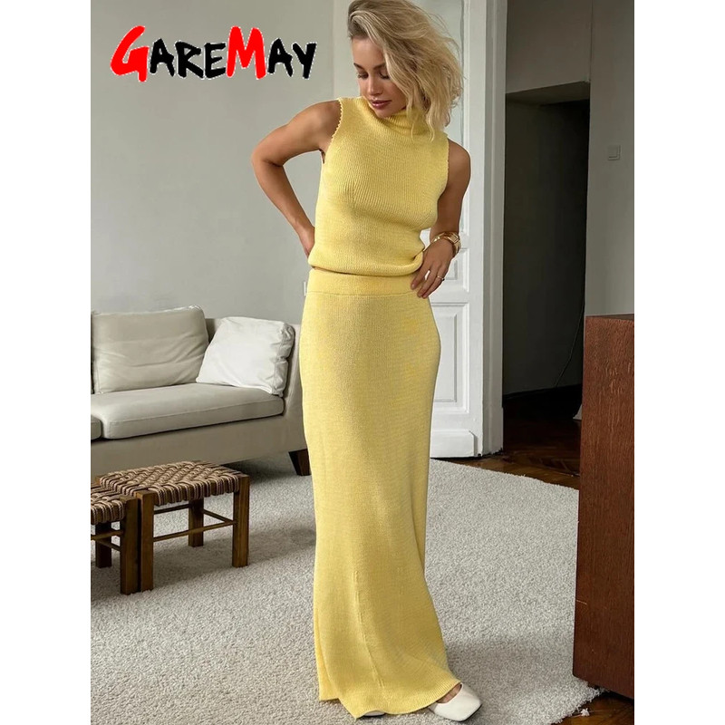 Spring Summer Elegant Yellow Knitted Suit for Women, Long Fashion Two-Piece Set with Skirt and Matching Top