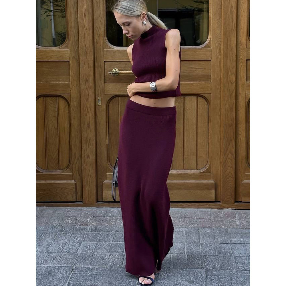 Spring Summer Elegant Yellow Knitted Suit for Women, Long Fashion Two-Piece Set with Skirt and Matching Top