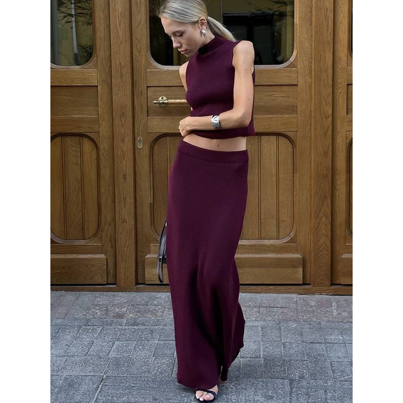 Spring Summer Elegant Yellow Knitted Suit for Women, Long Fashion Two-Piece Set with Skirt and Matching Top