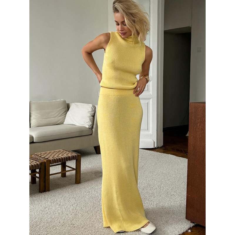 Spring Summer Elegant Yellow Knitted Suit for Women, Long Fashion Two-Piece Set with Skirt and Matching Top