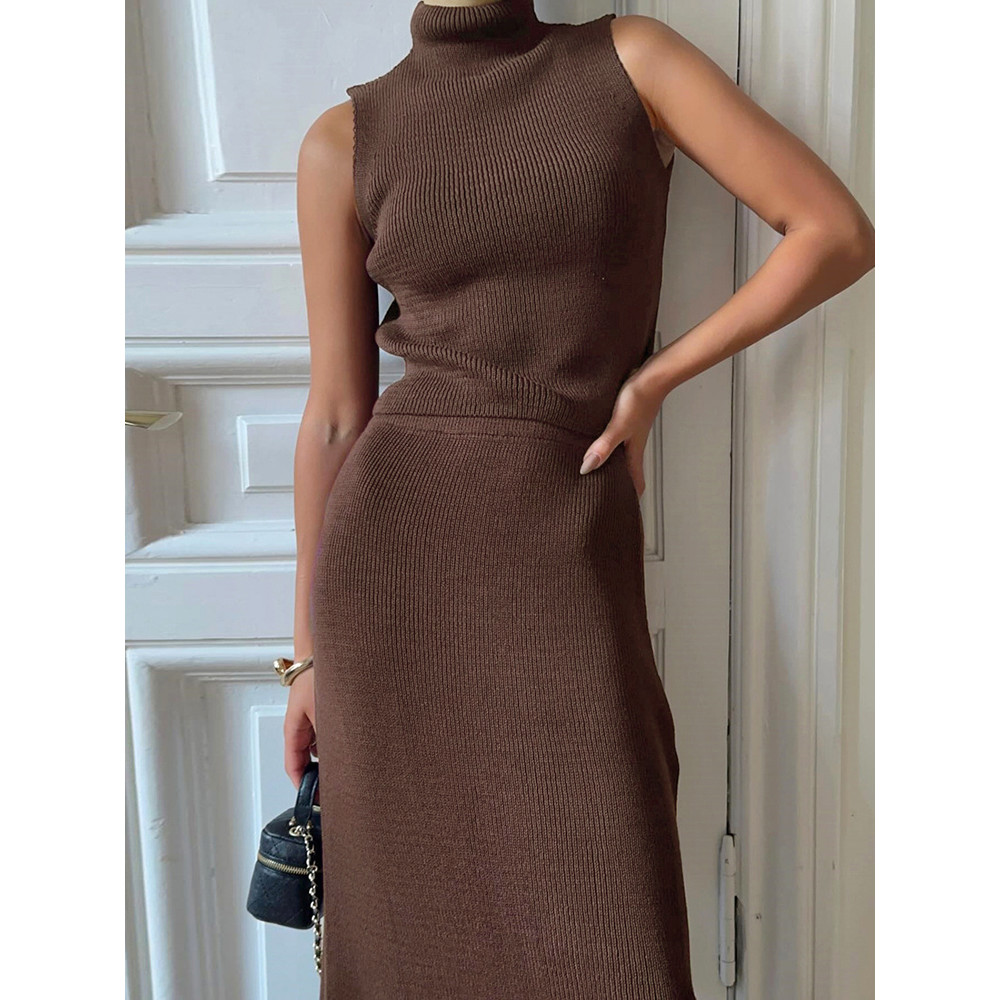 Spring Summer Elegant Yellow Knitted Suit for Women, Long Fashion Two-Piece Set with Skirt and Matching Top