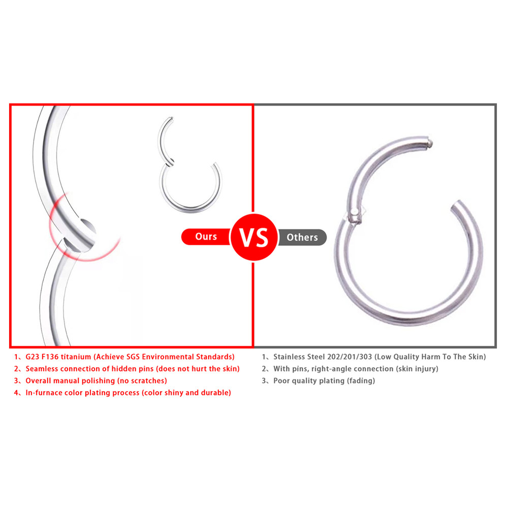 G23 Titanium Cartilage Nose Rings Hoop for Men Women, Mixed Color Segment Lip Ear Body Piercing Jewelry Clip Set