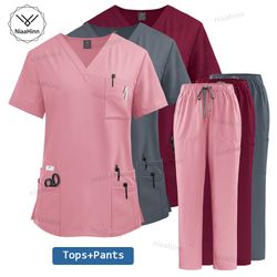unisex high quality nurse uniform set, medical clothing for women with lab coat, tops, and pants, nursing scrubs suit