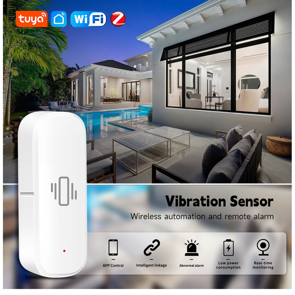 WiFi Tuya Smart Life Vibration Sensor, Motion Shock Alarm with App Control Security Monitor for Home and Door Window