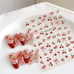 1 piece kawaii red cherry bow nail stickers 5d cute fruit design adhesive decorative stickers for high-quality nail art