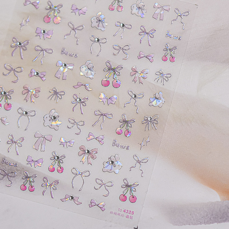 1 Piece Kawaii Red Cherry Bow Nail Stickers 5D Cute Fruit Design Adhesive Decorative Stickers for High-Quality Nail Art