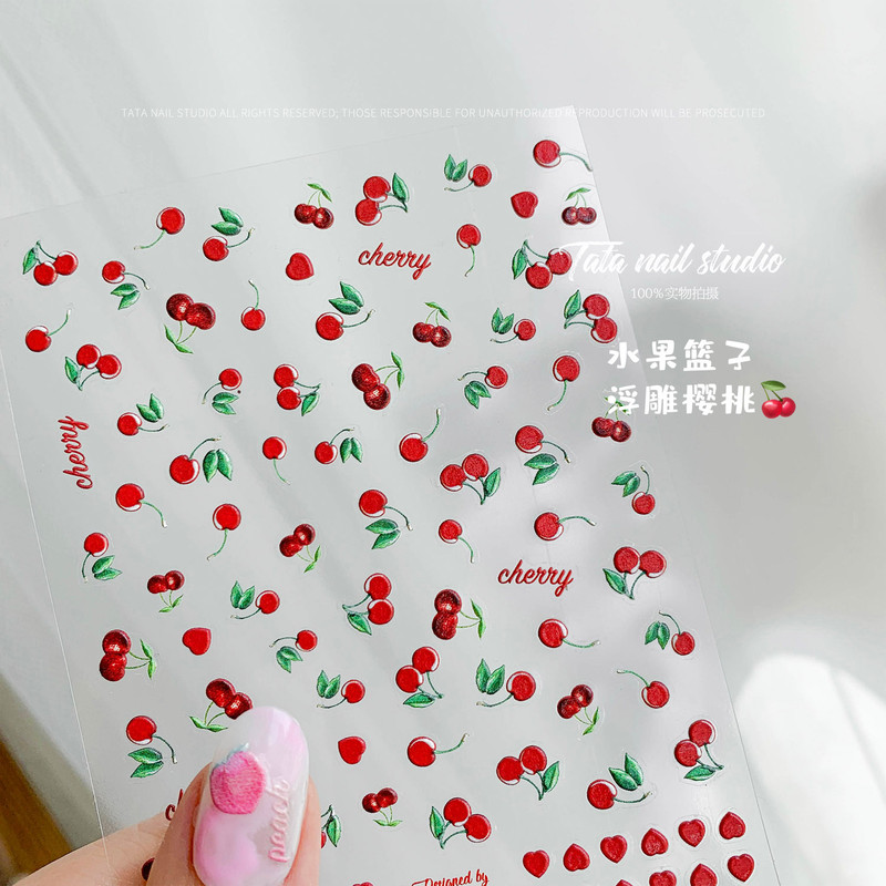 1 Piece Kawaii Red Cherry Bow Nail Stickers 5D Cute Fruit Design Adhesive Decorative Stickers for High-Quality Nail Art