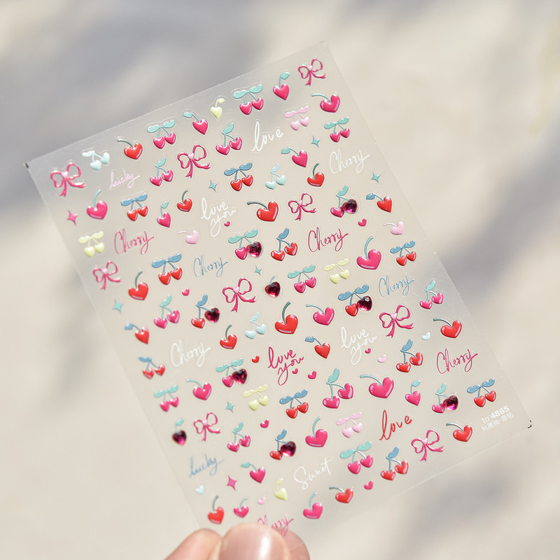 1 Piece Kawaii Red Cherry Bow Nail Stickers 5D Cute Fruit Design Adhesive Decorative Stickers for High-Quality Nail Art