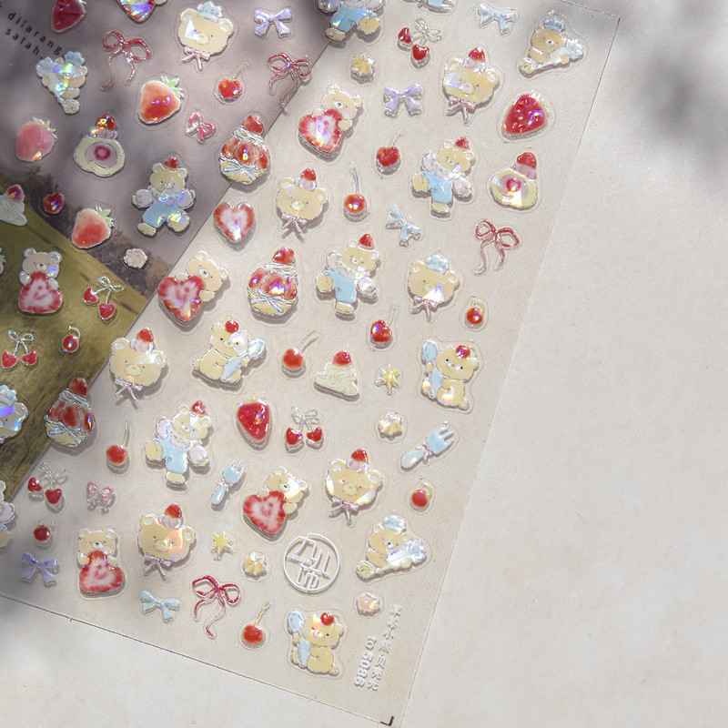 1 Piece Kawaii Red Cherry Bow Nail Stickers 5D Cute Fruit Design Adhesive Decorative Stickers for High-Quality Nail Art