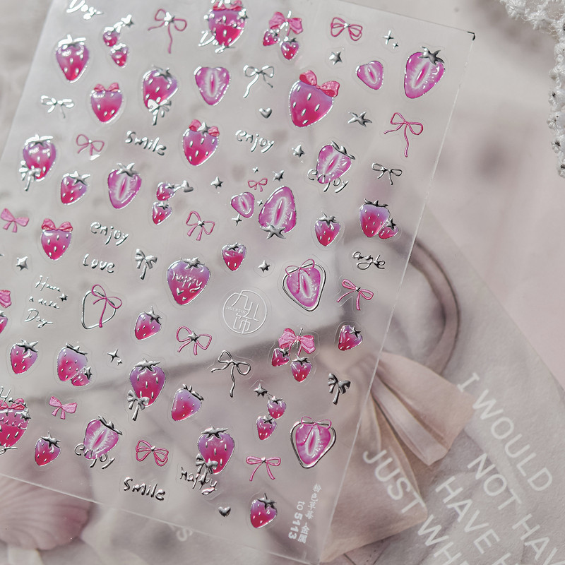 1 Piece Kawaii Red Cherry Bow Nail Stickers 5D Cute Fruit Design Adhesive Decorative Stickers for High-Quality Nail Art