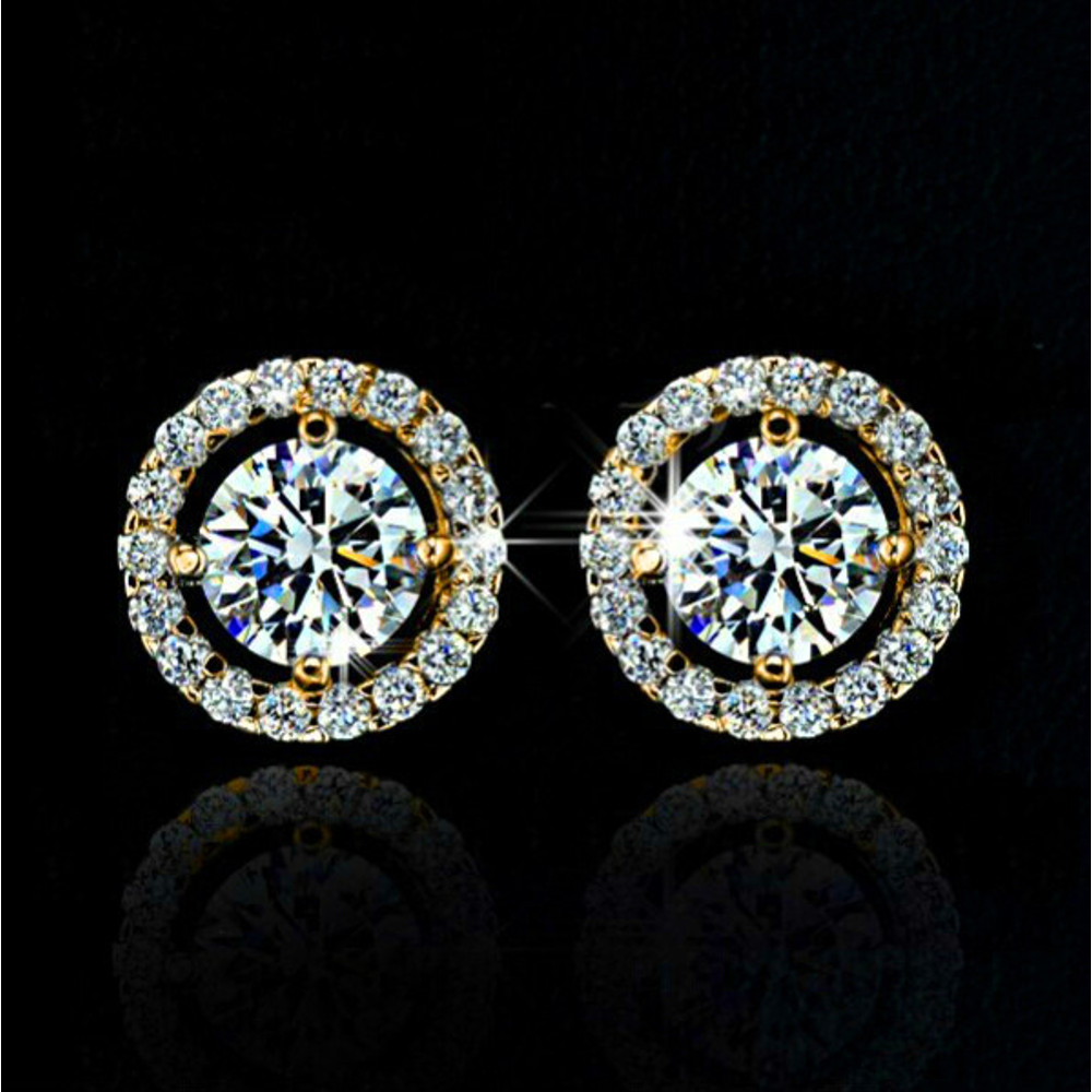 Luxury Crystal White Zircon Stud Earrings, Yellow Gold Vintage Round Crystal Studs, Luxury Wedding Jewelry for Women