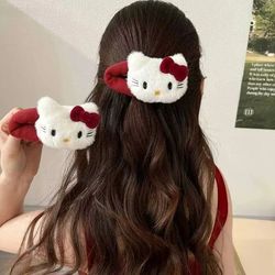 hello kitty hair clip with red bow, kawaii anime plush headwear, cute fashion hairband decoration for girls & women