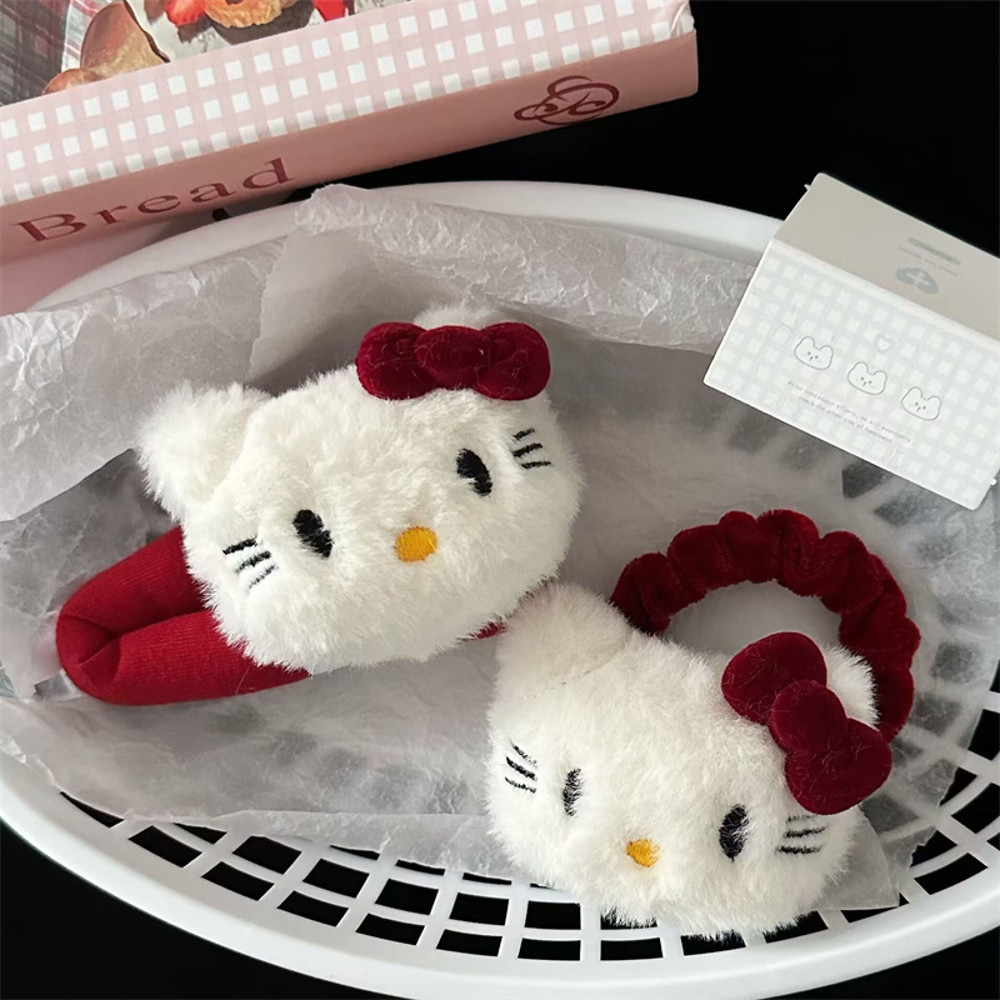 Hello Kitty Hair Clip With Red Bow Kawaii Anime Plush Headwear Cute Fashion Hairband Decoration For 8