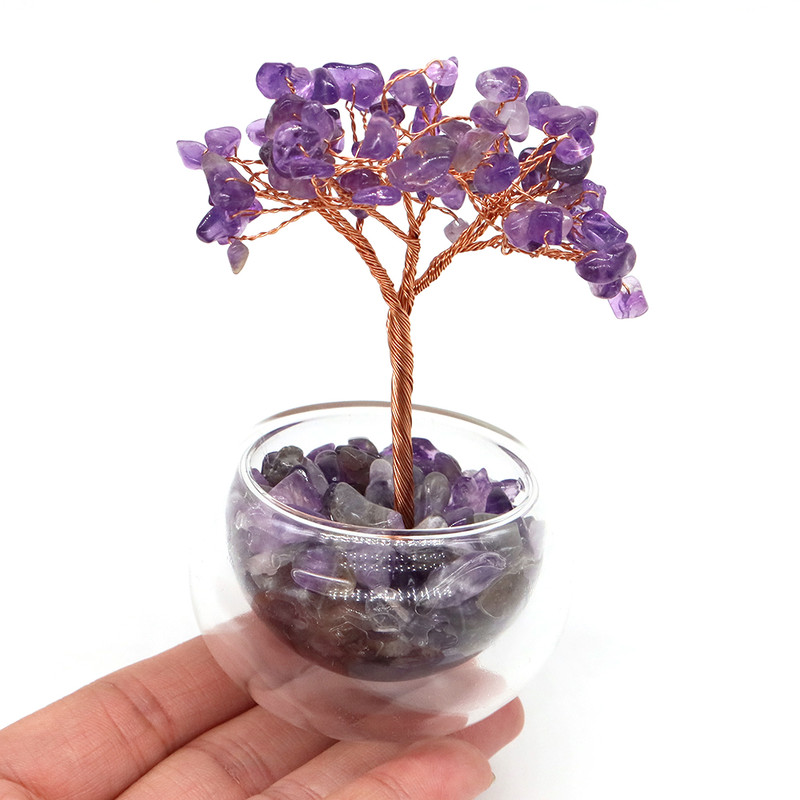 Crystal Money Tree, Glass Potted Plant with Natural Citrine, Amethyst & Chakra Quartz, Feng Shui Home Office Decor