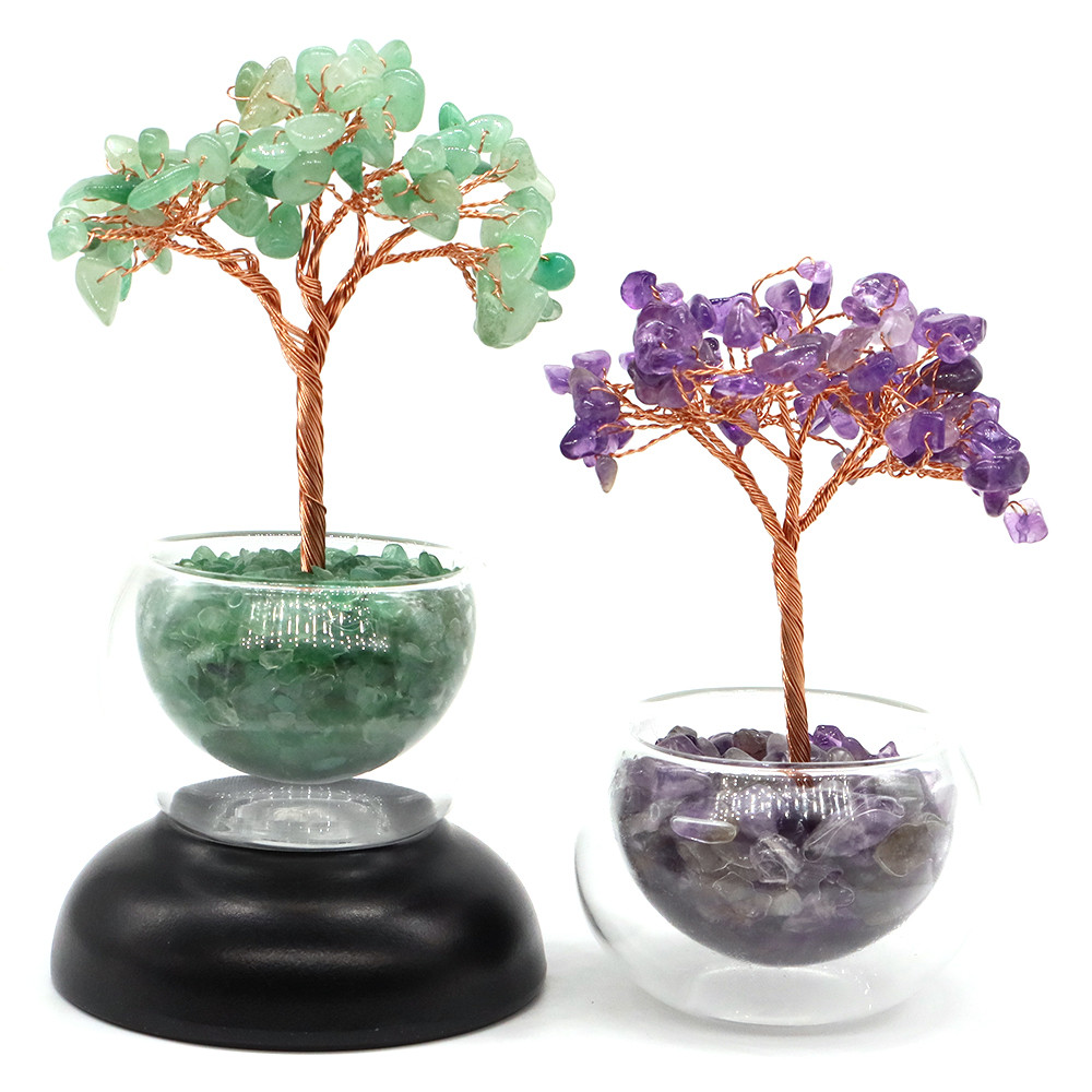 Crystal Money Tree, Glass Potted Plant with Natural Citrine, Amethyst & Chakra Quartz, Feng Shui Home Office Decor