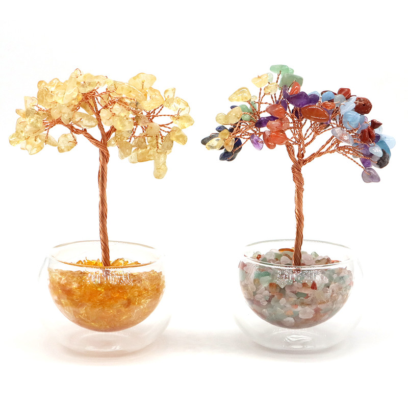 Crystal Money Tree, Glass Potted Plant with Natural Citrine, Amethyst & Chakra Quartz, Feng Shui Home Office Decor