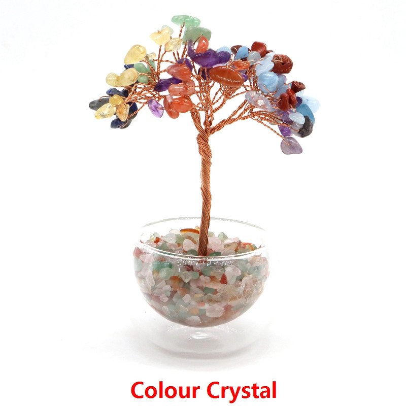 Crystal Money Tree, Glass Potted Plant with Natural Citrine, Amethyst & Chakra Quartz, Feng Shui Home Office Decor