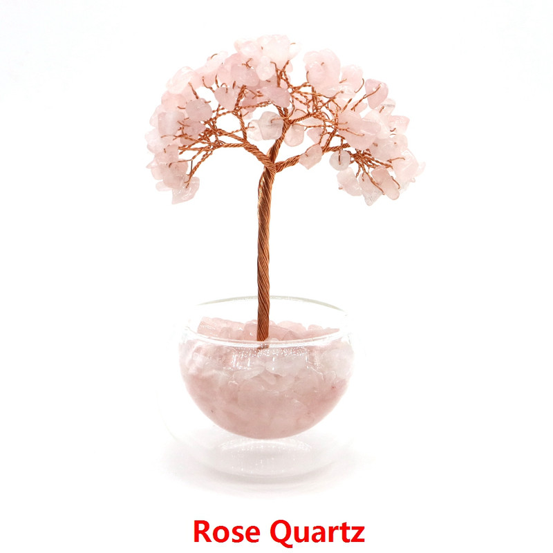 Crystal Money Tree, Glass Potted Plant with Natural Citrine, Amethyst & Chakra Quartz, Feng Shui Home Office Decor